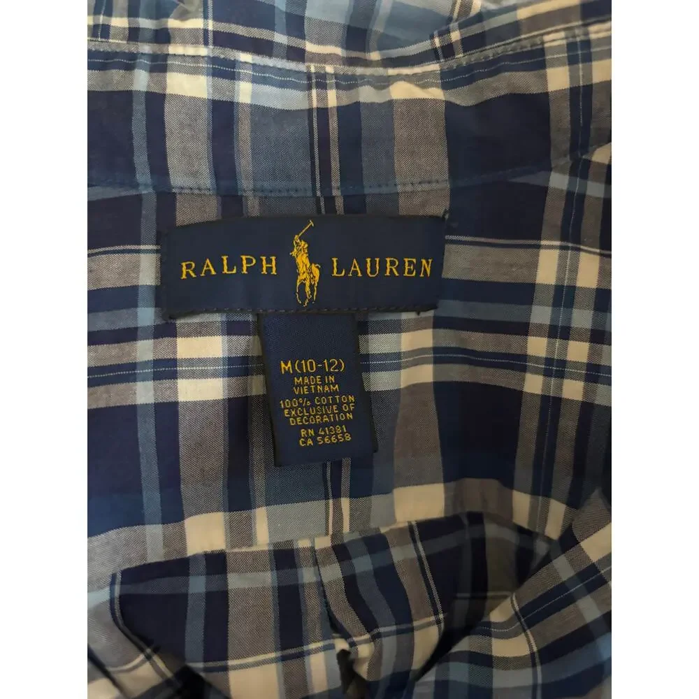 Boys Blue Plaid Button Down Shirt Ralph Lauren Size Medium 10 12